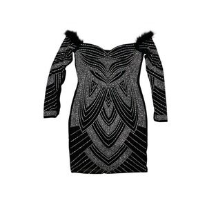Glam Mesh Bodycon Mini Dress Black Beaded Sz XL Party Formal Clubbing